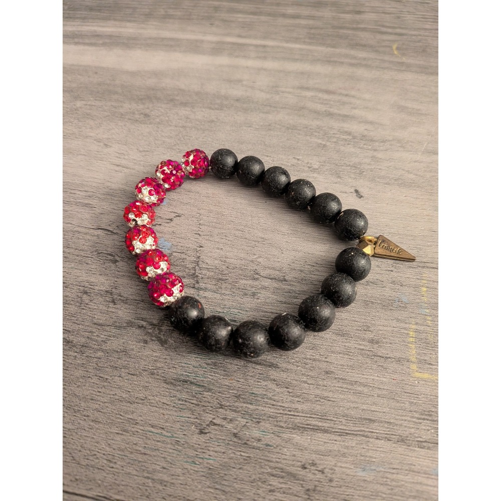 Erimish Black Lava Bead Bracelet Magenta Rhinestone Disco Ball Gold Charm